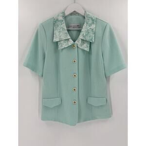 Vintage Pablo Collection Blouse Womens 14 Blue Button Front Floral Collar 90s